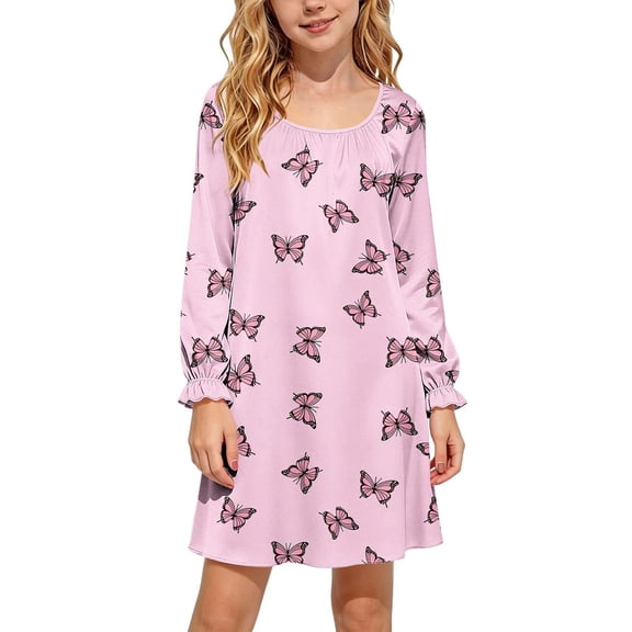 JOANKDMI Girls Butterfly Pattern Nightgowns Long Sleeve Sleepwear Soft Nightshirt Comfy Casual Lounge Dress Ruffled Cuff Sleep Shirt Pj Nightwear Slumber Party Kids