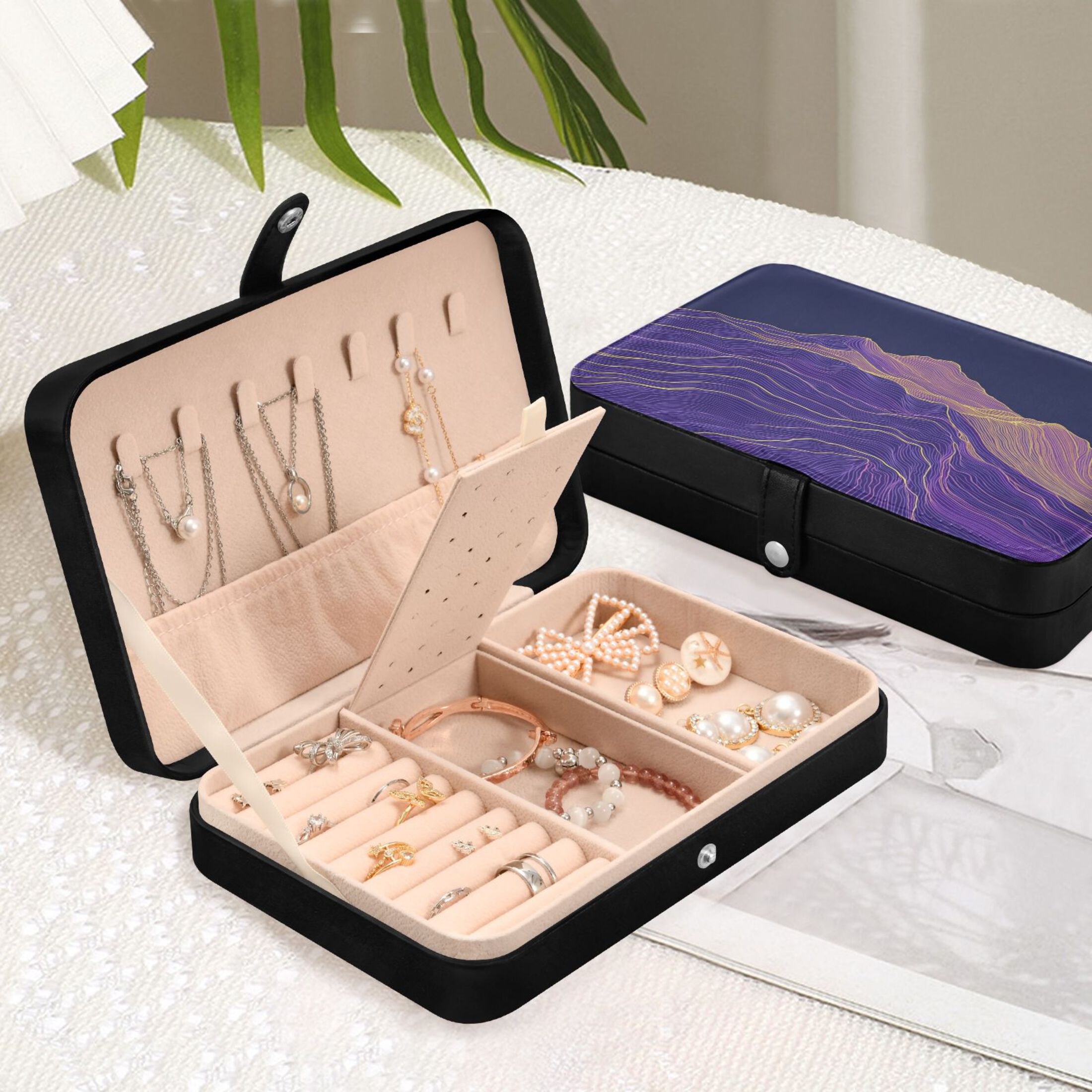 Leather Jewelry Box Rectangular 8.27x5.5x1.78In Travel Jewelry Storage Earrings Necklace Bracelet Watch Brooch Storage Purple Line Mountain