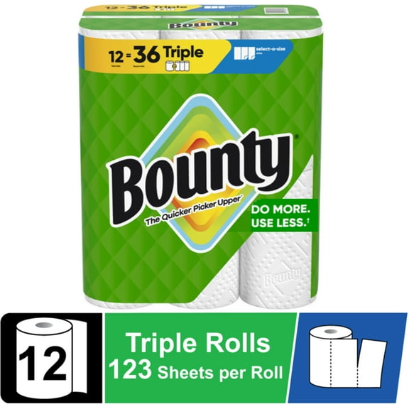 Bounty Paper Towels Select-A-Size White, 12 Triple Rolls, 123 Sheets Per Roll