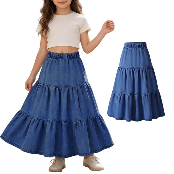 Jean Skirt Girls Elastic Waist Tiered A Line Skirt Girls Maxi Denim Skirt Cute Denim Skirt Girls Summer Outfits Y2k Clothes Kids 7-8 Years