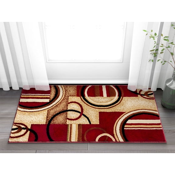 Open Box Well Woven Deco Rings Red Ivory Light Blue Geometric Modern Casual Area Rug Easy to Clean Stain Fade Resistant Shed Free Abstract Contemporary Color Block Boxes Lines Soft Living Dining Room Rug