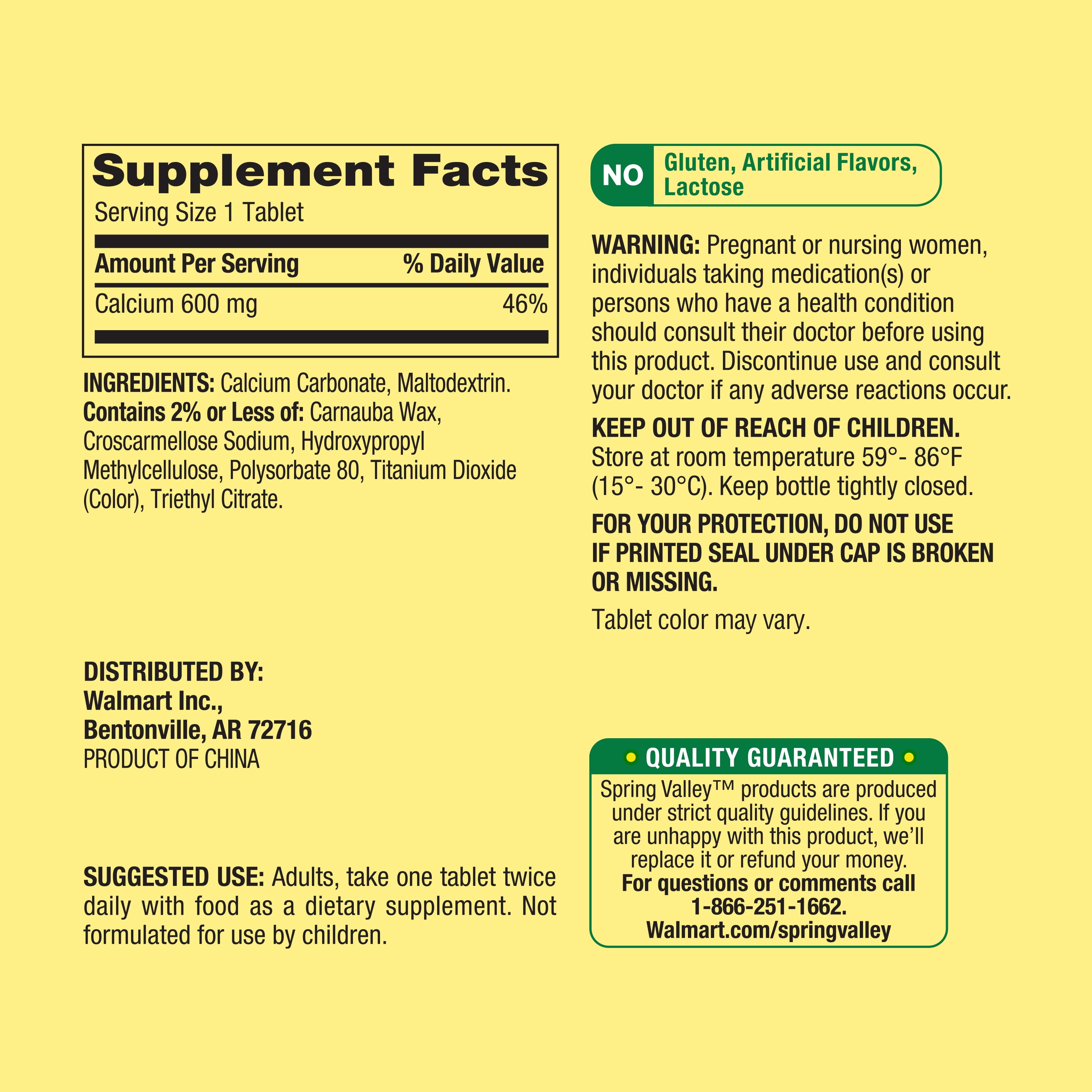 (2 pack) Spring Valley Calcium Bone Health Dietary Supplement Tablets, 600 mg, 100 Count