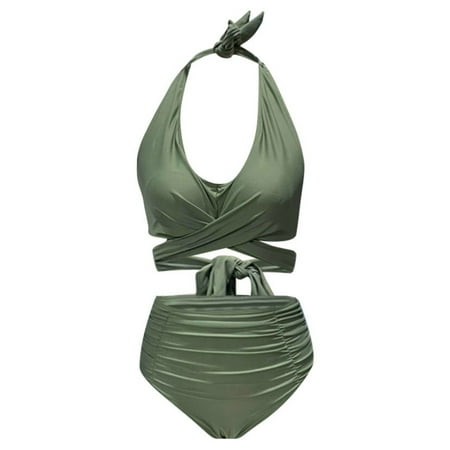 JIANJIA Womens Swimsuits Solid Color Halter Backless Criss Cross Bra And Panty Set Fashion Swimsuit Two Piece Tankinis Swimwears Activewear Green Xl