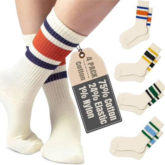 4 Pairs Socks, Fun Novelty Retro Striped Crew Socks For Women Sporty Calf Casual Cotton Tube Socks Women