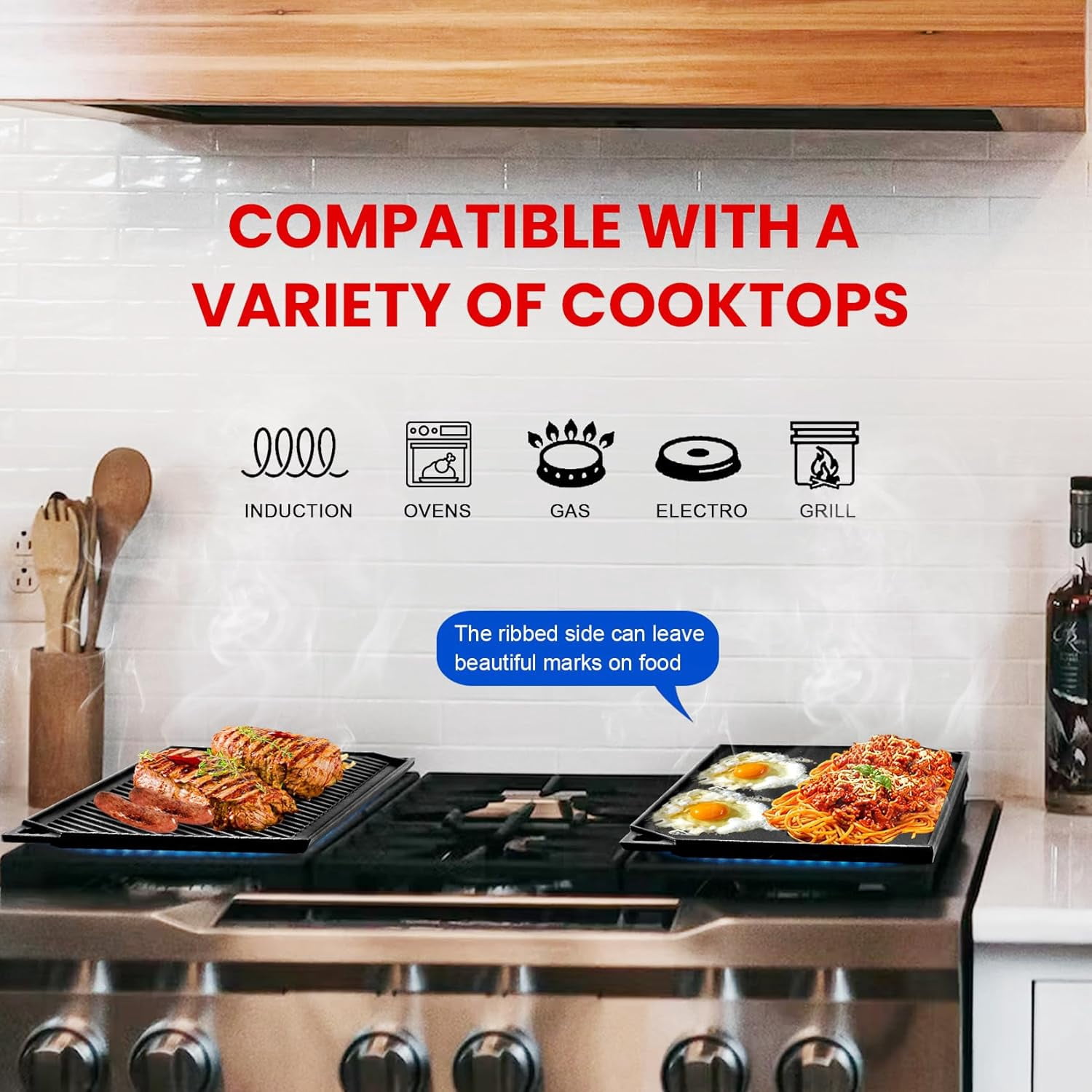 Double-Sided Cast Iron Griddle for Stove, Grill & Outdoor Cooking, 16.5 x 9.5 Inches