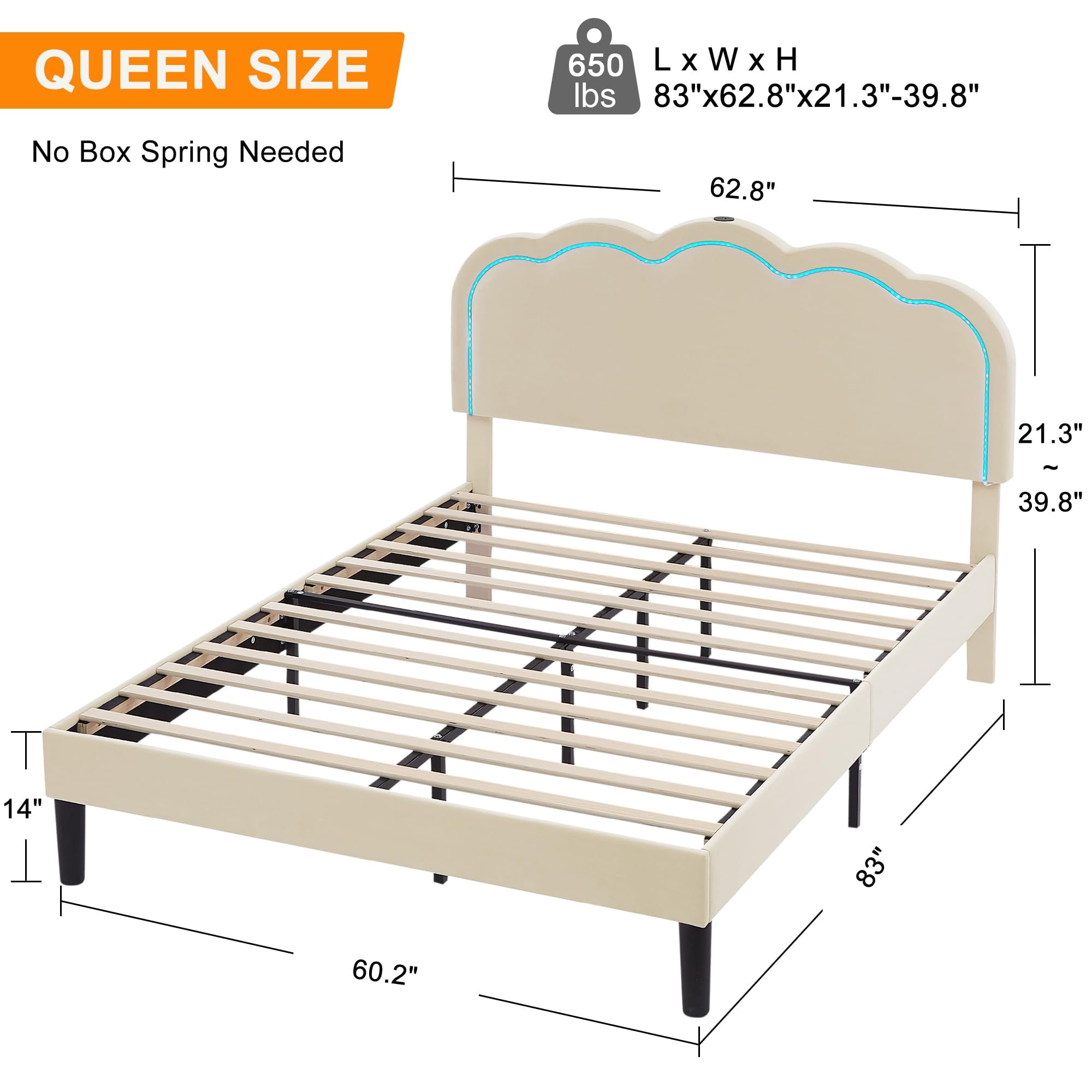 VECELO Upholstered Queen Size Bed Frame with Headboard Adjustable, LED Lights, USB-A & Type-C, Velvet Platform Bed Noise Free, Mattress Foundation with Wooden Slats, No Box Spring Needed, Beige