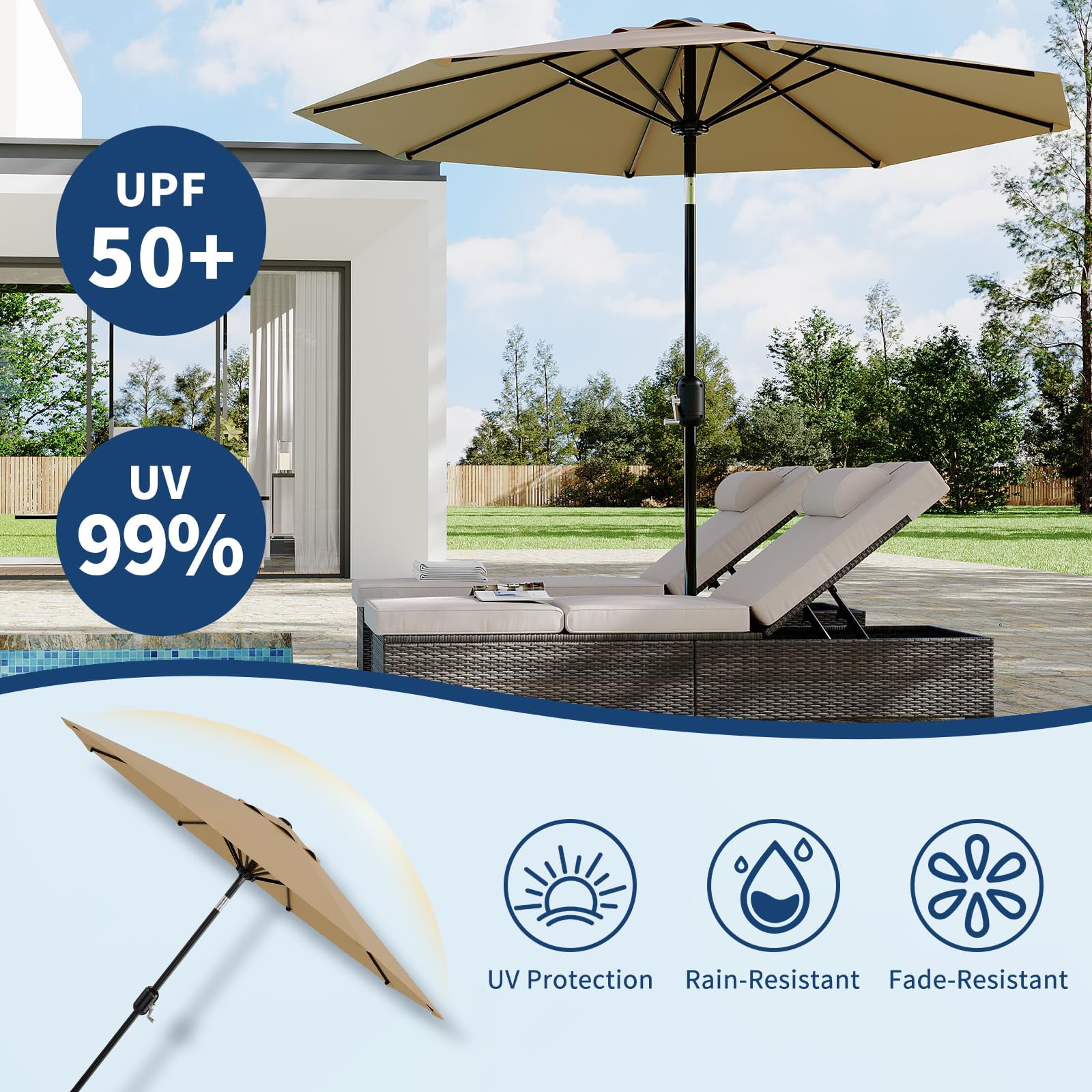 Shininglove Outdoor Market Patio Umbrella w/Crank – 10 Ft Large Tilt Umbrella for Deck, Garden, Pool – UV & Water-Resistant, Wind Vent, Push-Button Tilt
