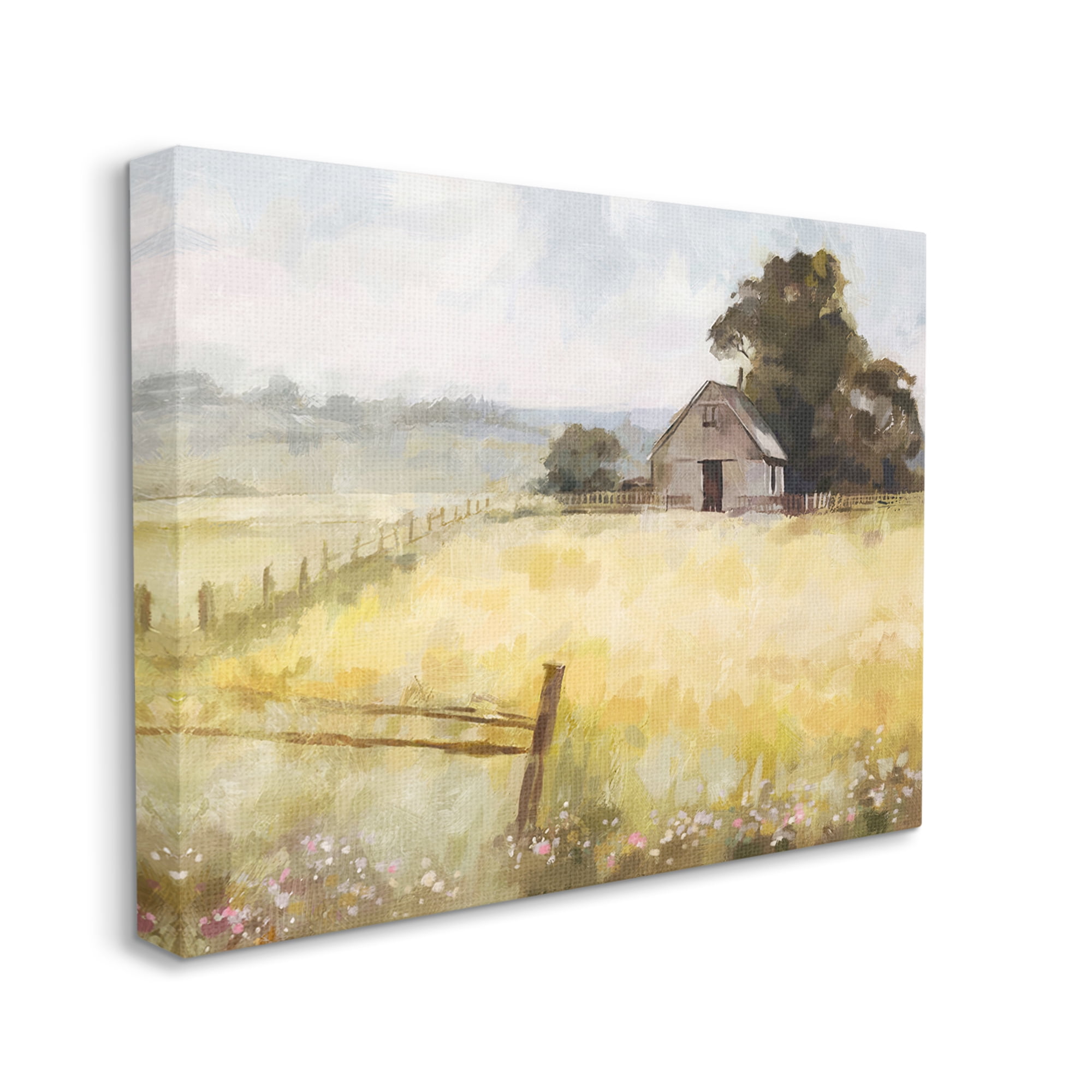 Stupell Industries Distant Barn Country Fence Landscape Painting Gallery Wrapped Canvas Art Print Wall Art, 40 x 30