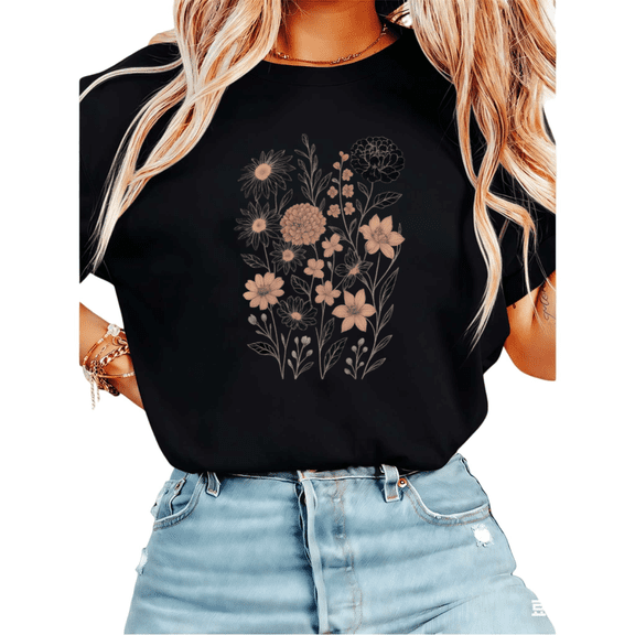 Women Moody Floral Bouquet Graphic Tees T Shirt Tops Round neck Printed Cotton T Shirt Black S-5XL
