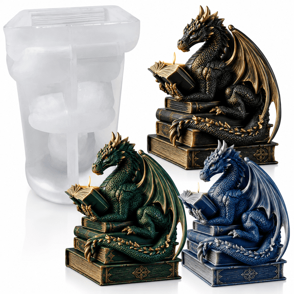 Book-Shadow Dragon Silicone Candle Mold – 3D Intricate Dragon-Reading Book Design. Perfect for DIY Candle Making, Soap Crafting, Resin Art & Clay Projects. Non-Stick Resin Casting Mold for Creating D