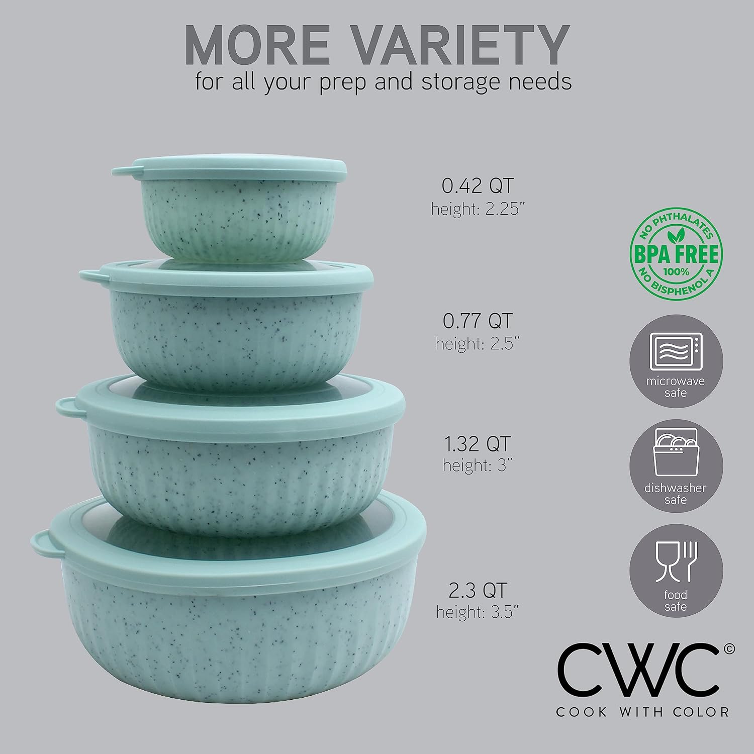 COOK WITH COLOR Meal Prep Containers Wide Mixing Bowls Food Storage Containers with Lids, Speckled Mint 12 Pcs