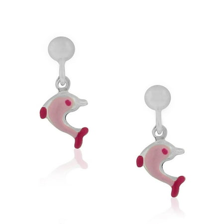 - 925 Sterling Silver Pink Enamel Dolphin Girls Dangle Drop Earrings, 0.60