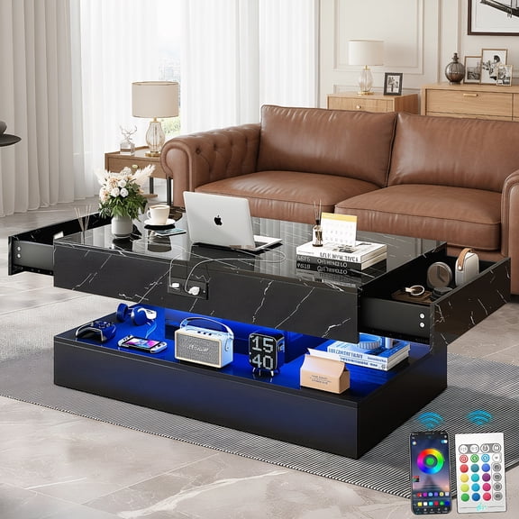 PAPROOS LED Black Coffee Table with 2 Drawers & Open Shelf – Large Modern High Gloss Center Table with Storage, Large Rectangle Living Room Coffee Table with Marble Print