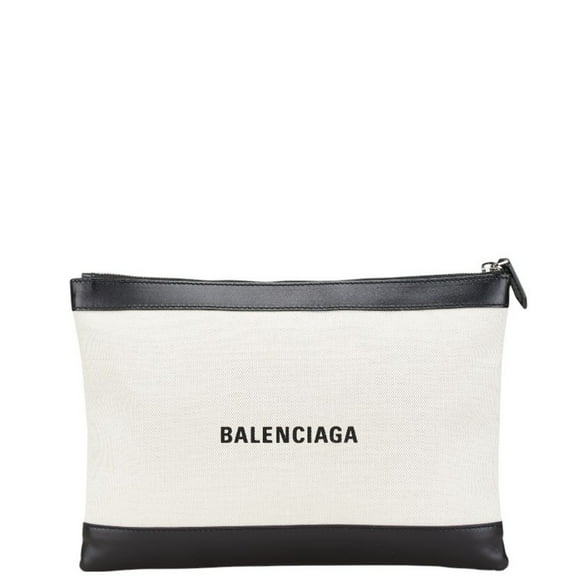 Pre-Owned Balenciaga Navy Clip M Clutch Bag 373834 Beige Black Canvas Leather Women's... (Good)