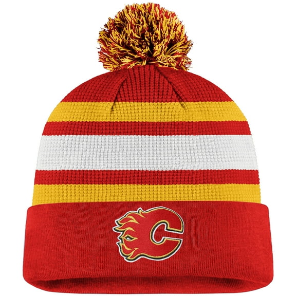 Men's Fanatics Red/Yellow Calgary Flames Authentic Pro Cuffed Pom Knit Hat