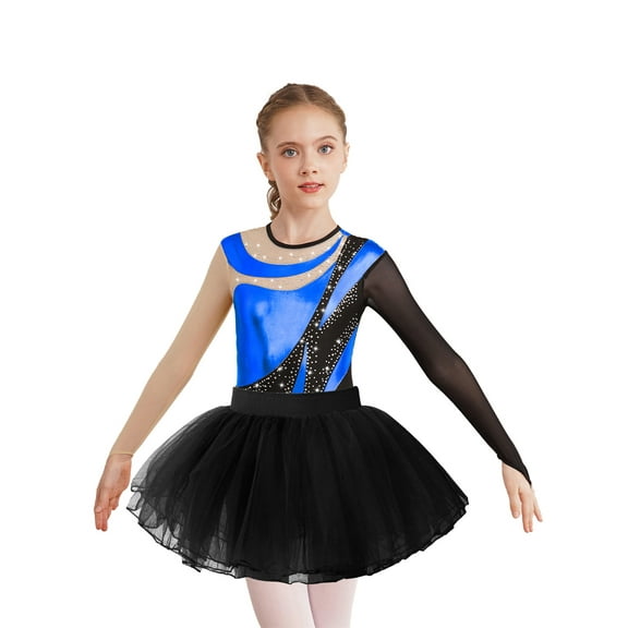 TiaoBug Kids Girls Ballet Dance Outfits Sparkle Long Sleeve Leotards with Tutu Skirt Figure Skating Performance Costume Royal Blue&Black 16
