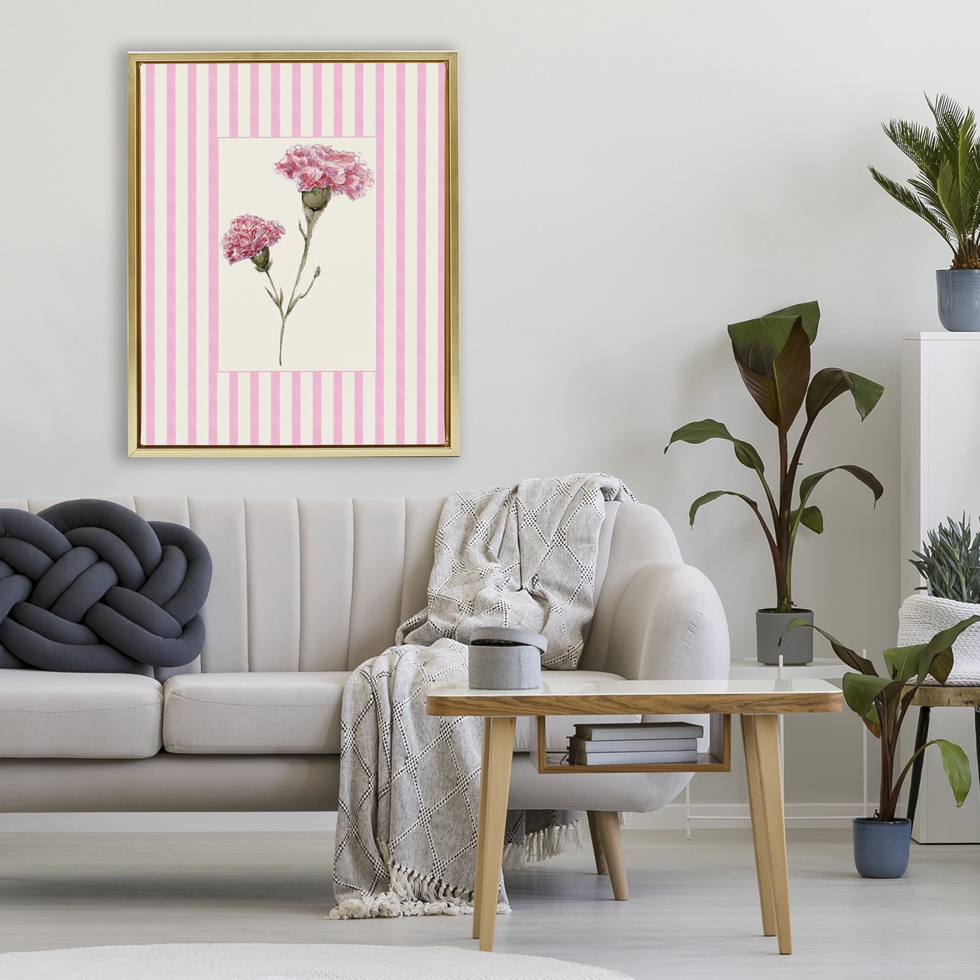 Pink Stripe Carnation Gold Framed Floater Canvas Wall Art, design by Lisa Wehmeyer