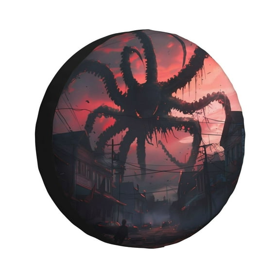 Fuzoiu Giant Monster Over City Print Universal Spare Tire Cover with Buckle Strap, Waterproof Wheel Covers for Jeep, Trailer, RV, Truck and All Car-14 inch
