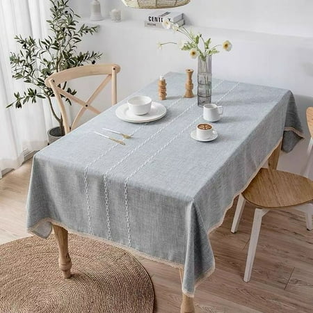 

UMMH Beige Decorative Linen Striped Tablecloth With Lace Waterproof Thick Rectangular Home Dining Table Cover Tea Cloth