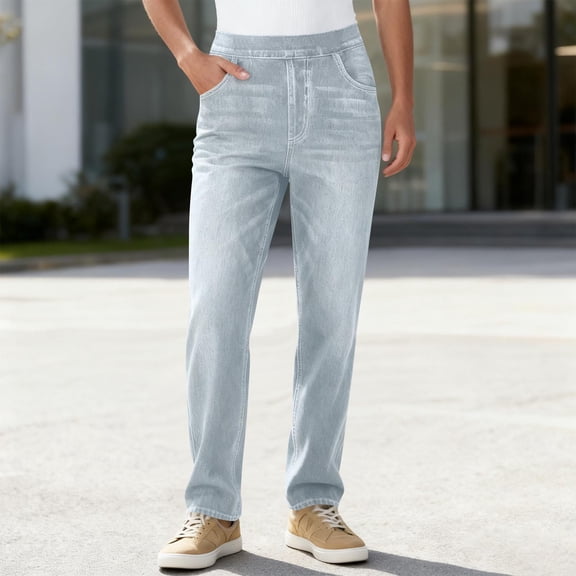Kinrui Straight Leg Faux Jeans for Women Stretchy High Rise Flare Denim Pants with Pocket Gray M