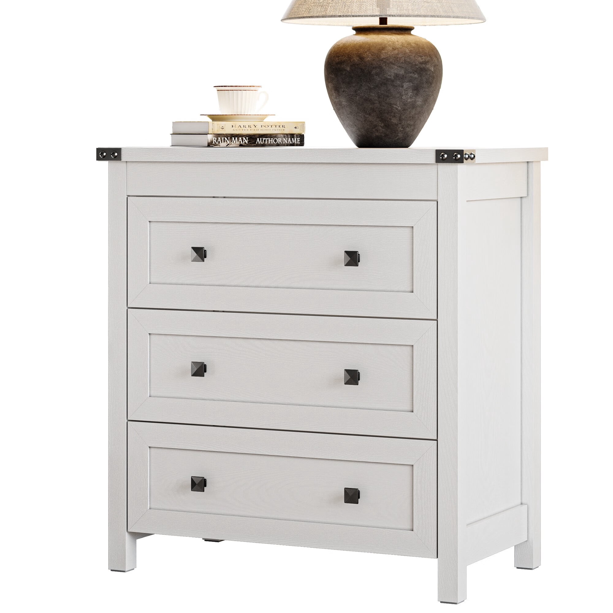 FANRAL 3 Large Drawer Nightstand,29.5" Tall Night Stand,27.5" Wide Side Table,Wood Bedside Table Modern End Table,Small Wide Dresser for Bedroom,White Nightstand