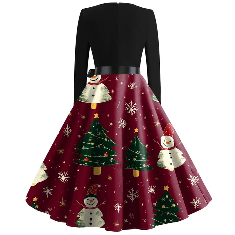 deep red christmas dress Dresses for Women Women's Fashion Round Casual Slim Fit Christmas Print Large Swing Long Sleeve for Holiday Party,Deep Red,2XL Occasion:Date Night