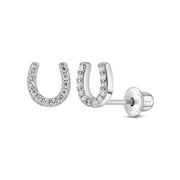 IN SEASON JEWELRY Jeweled Horseshoe Baby / Toddler / Kids Earrings Screw Back - Sterling Silver