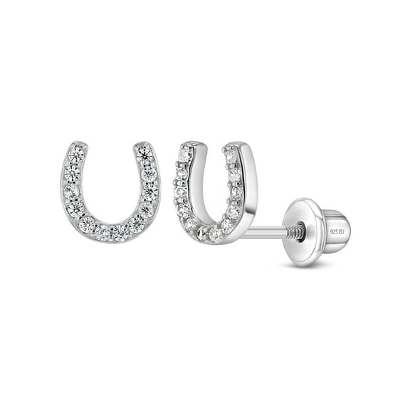 Jeweled Horseshoe Baby / Toddler / Kids Earrings Screw Back - Sterling Silver
