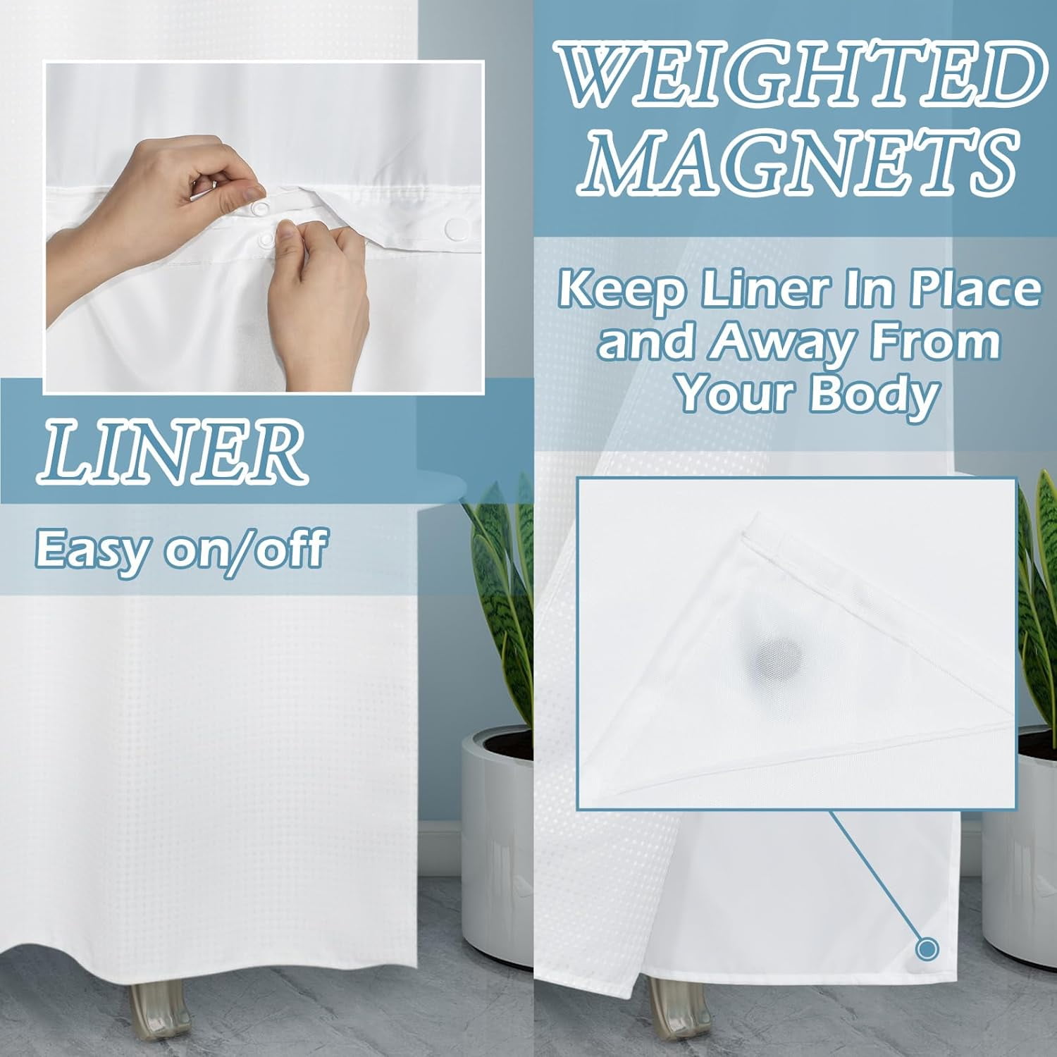 Zordlmo Easy Hang Fabric Shower Curtain with Snap-in Liner and Bath Rug Set, 72" x 74", White
