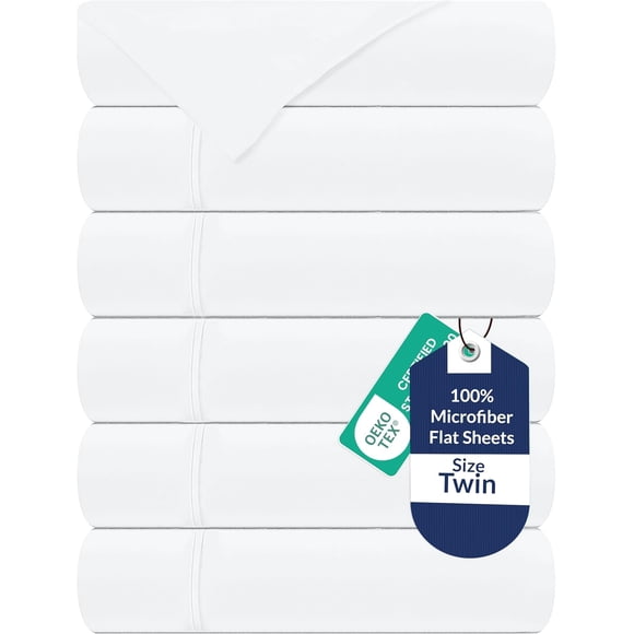 Royale Linens 6 Pack Bulk Flat Sheet Set - Top Sheets - Soft 1800 Microfiber - Wrinkle & Stain Resistant - for Hotel, Massage Table, Hospital, Dorm - Twin Flat Sheet Sold Separately (Twin, White)