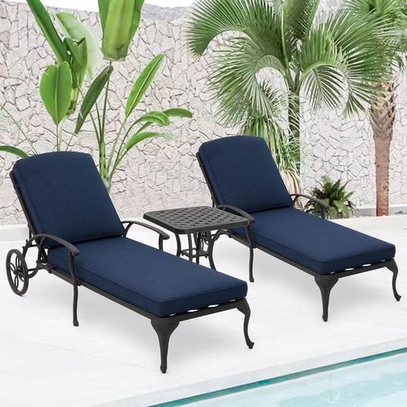 Villeston Outdoor Recliner, Cast Aluminum,with Wheels and Adjustable, set of 2,Dark Blue Cushions and 1 Side Table