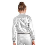 Raenseen Kids Girls Boys Shiny Metallic Hip Hop Jazz Dance Bomber Jacket Holographic Coat Disco Party Outerwear Silver 10