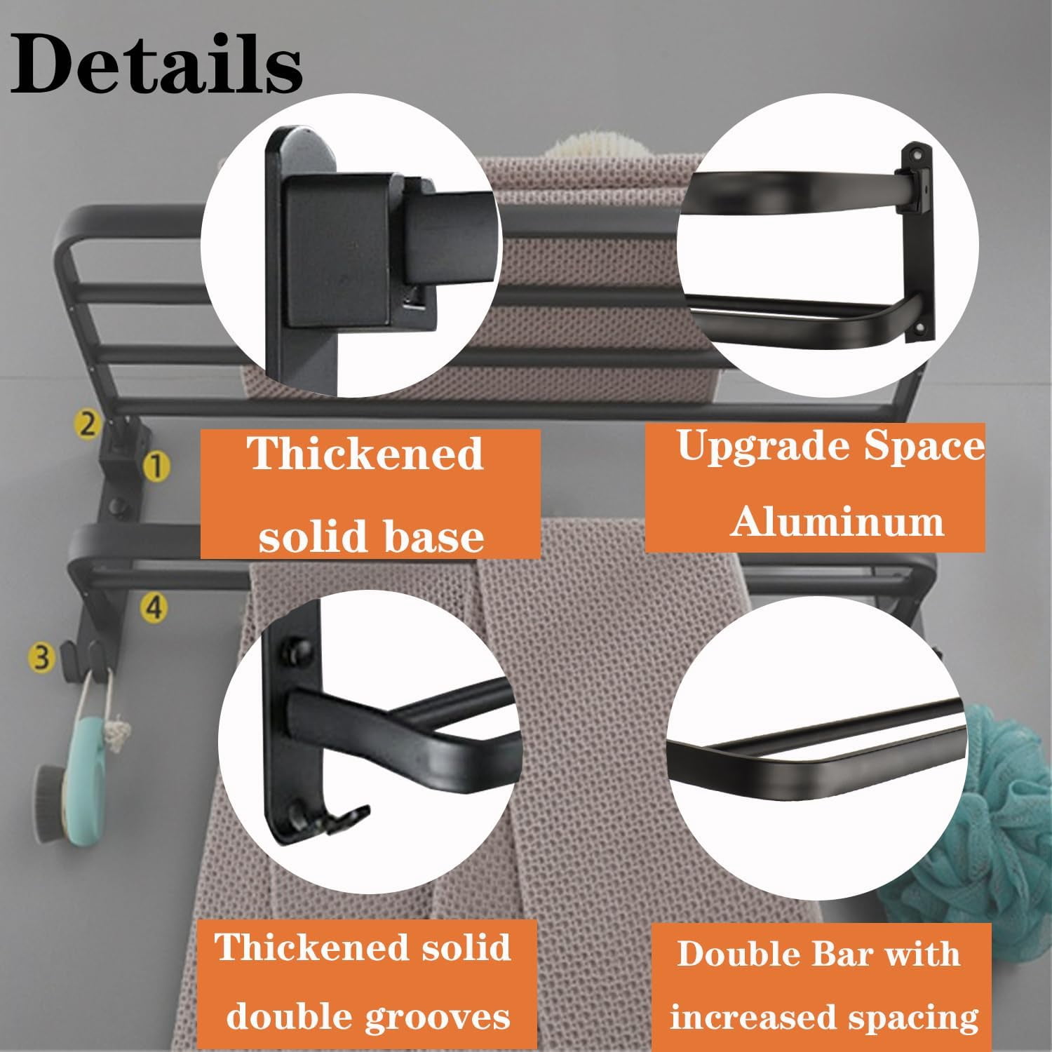 Towel Rack for Bathroom with Towel Bar, 24in Bathroom Towel Holder for Bathroom Wall Mounted, Dinosam Foldable Bathroom Towel Rack with 1 Shelf Black Towel Bar