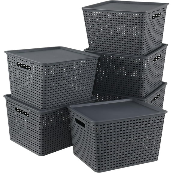 6-Pack Large Plastic Baskets with Lids, Stackable Plastic Woven Basket, 14" x 11.6" x 8.66", Grey