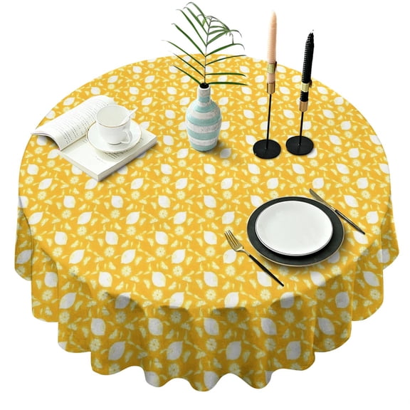 Yellow Lemon Fruit Shapes Orange Pattern Round Tablecloth 60"x60",Wrinkle Wipeable Table Cloth for Kitchen Dining Room Picnic Patio Party