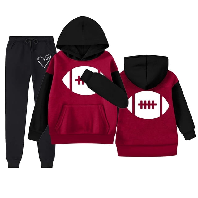 Ediodpoh Ensemble Décontracté pour Filles Automne et Hiver Imprimé Lettre Poche Col Rond Manches Longues Pantalon Sweat à Capuche Ensemble pour Enfants Rouge 13-14 Ans