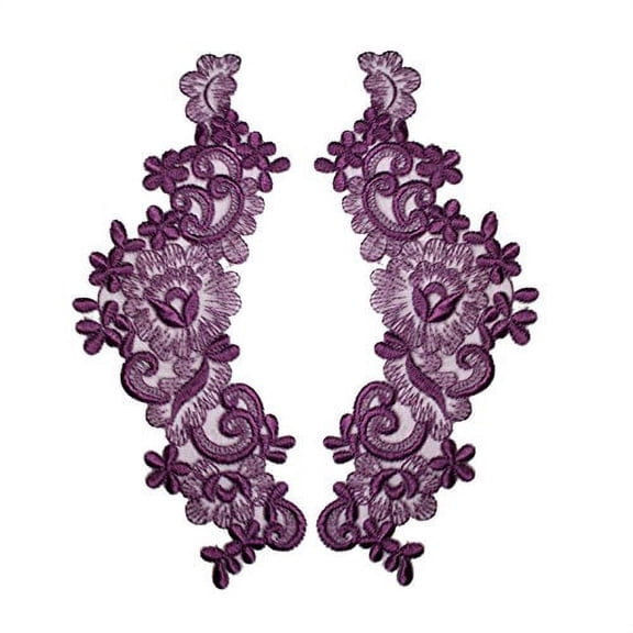 Eggplant 9"x3" Floral Embroidered Sheer Organza Motif Applique Patch by Pair (2 Pieces)