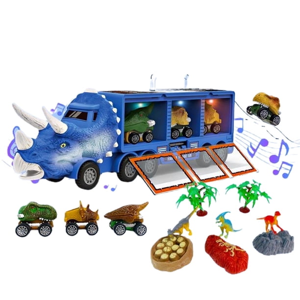 Coche de juguete de transporte de dinosaurios con música y luces, modelo de peluche realista, regalo de cumpleaños (azul)