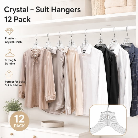 Clear Plastic Hangers 12 Pack - Heavy Duty Durable Crystal Cut Clothes Hangers for Shirts, Suits, Coats, and Dresses