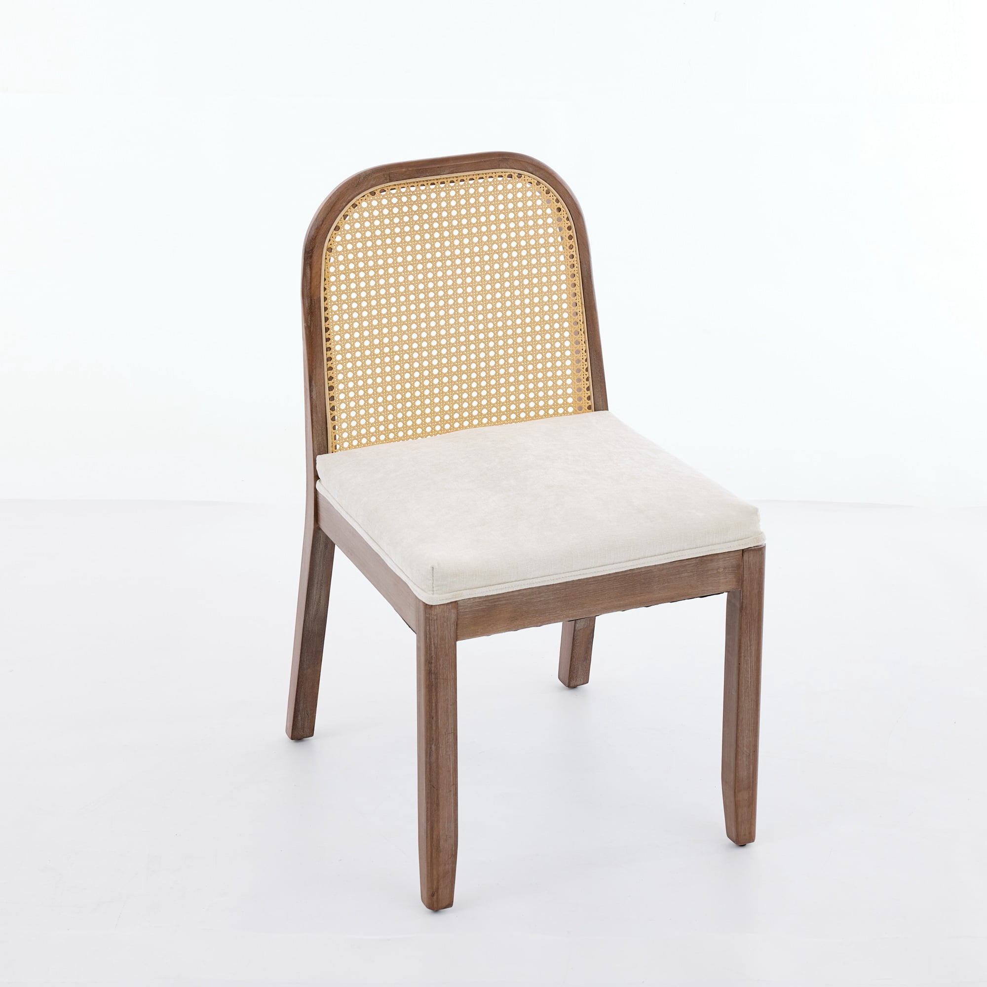 Set of 2 Curved Arched Cane Back Dining Chairs, Farmhouse Side Chairs, Distressed Solid Wood Frame, Chenille Cushion with S-Spring and Sponge,Armless Accent Chairs for Kitchen, Beige