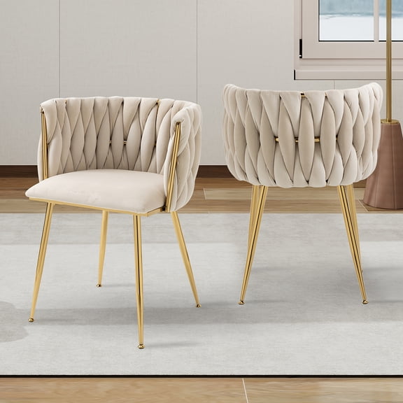 Velvet Dining Chairs Set of 2, Accent Chairs With Golden Metal Legs, Woven Upholstered, For Living Room/Bedroom/Kitchen