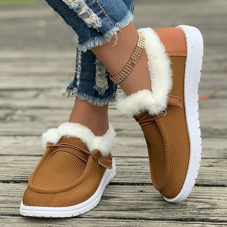 Winter Plush Shoes for Women Faux Fur Lined Warm Loafers Booties Casual Lace Up Comfoter Ankle Boots Fuzzy Slip On Canvas Shoes