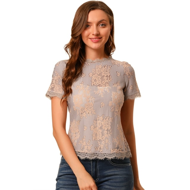 INSPIRE CHIC Women's Scalloped Trim Semi Sheer Floral Lace Top
