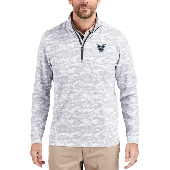 Men's-Cutter & Buck  Gray Villanova Wildcats Traverse Stretch Eco Camo DryTec Tri-Blend Quarter-Zip Pullover