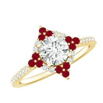 Rosec Jewels Lab Grown Diamond Halo Engagement Ring with Real Ruby - Statement Ring - EF-VS Quality, 14K Yellow Gold, US 7.50