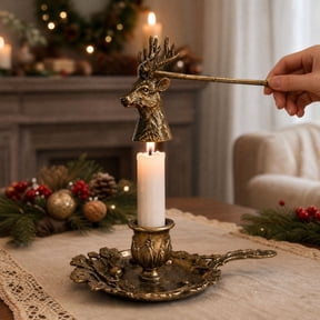 Candle Holder Shelf Decor, Detachable Antique Stag Head Taper Candle Set, Gold Vintage Leaf Drip Tray Container, Deer Snuffer Candlestick Ornament for Christmas Table Decor