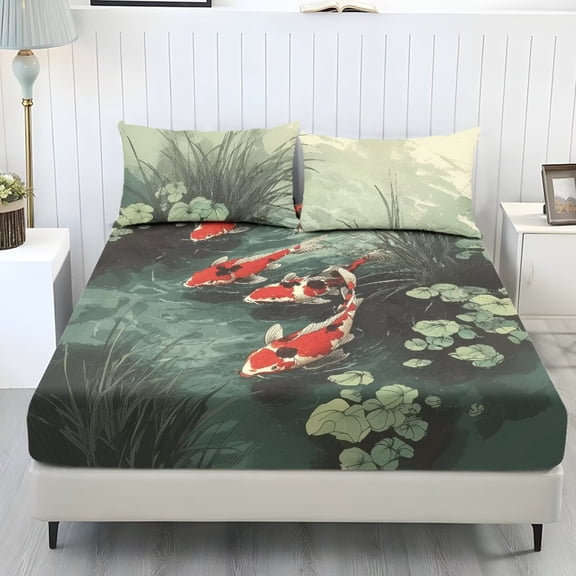 Xoenoiee Koi Fsih Leaves Pattern 3 Piece Sheet Set Includes 1 Fitted Sheet and 2 Pillowcases, Soft and Breathable Microfiber Bed Sheets with Deep Pocket for Bedroom Decor, Twin Size