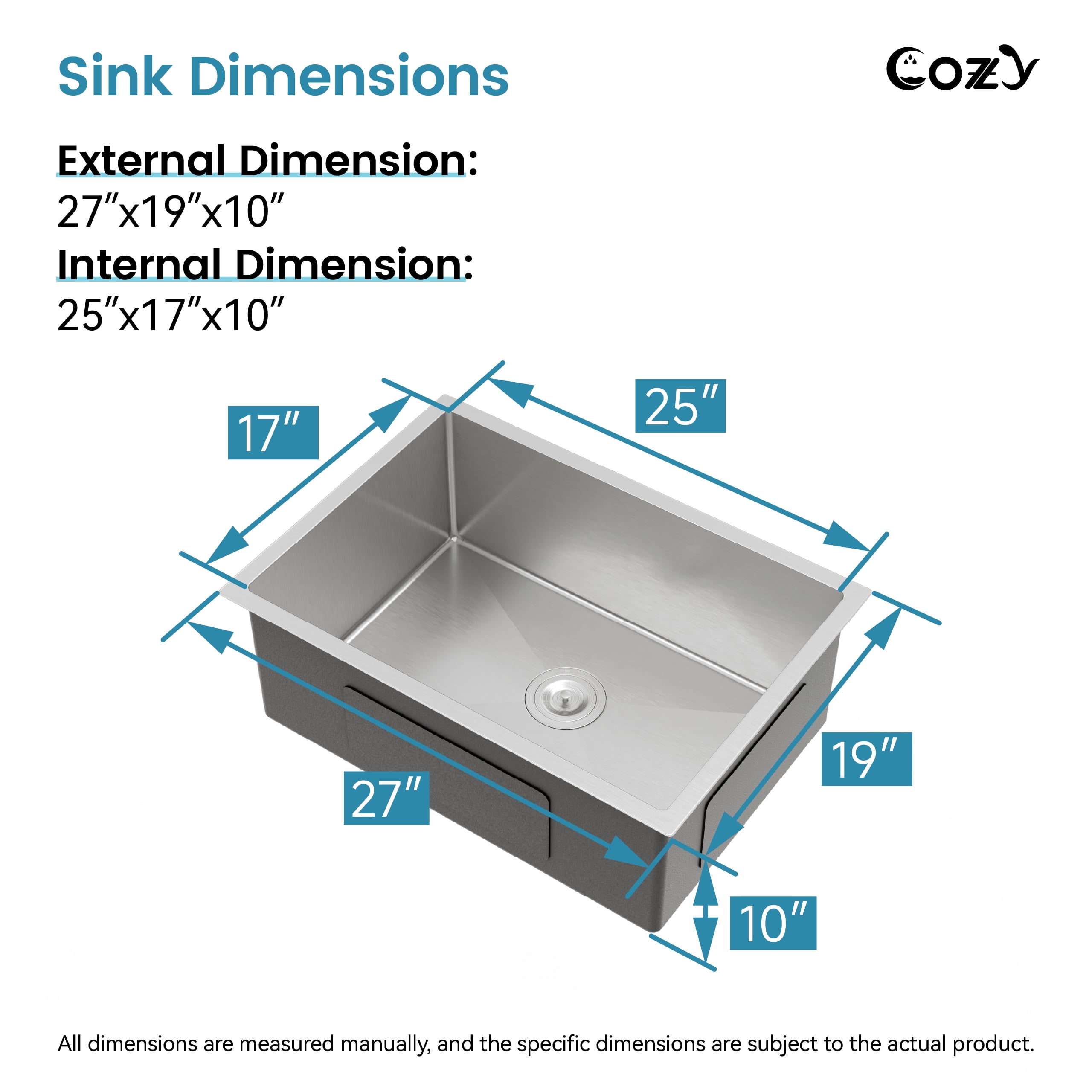 27″x19″ Stainless Steel Kitchen Sink, Single Bowl, Undermount Handmade Sink in Brushed Nickel, with US Standard Drain and Hook, SS-BR04D-271908