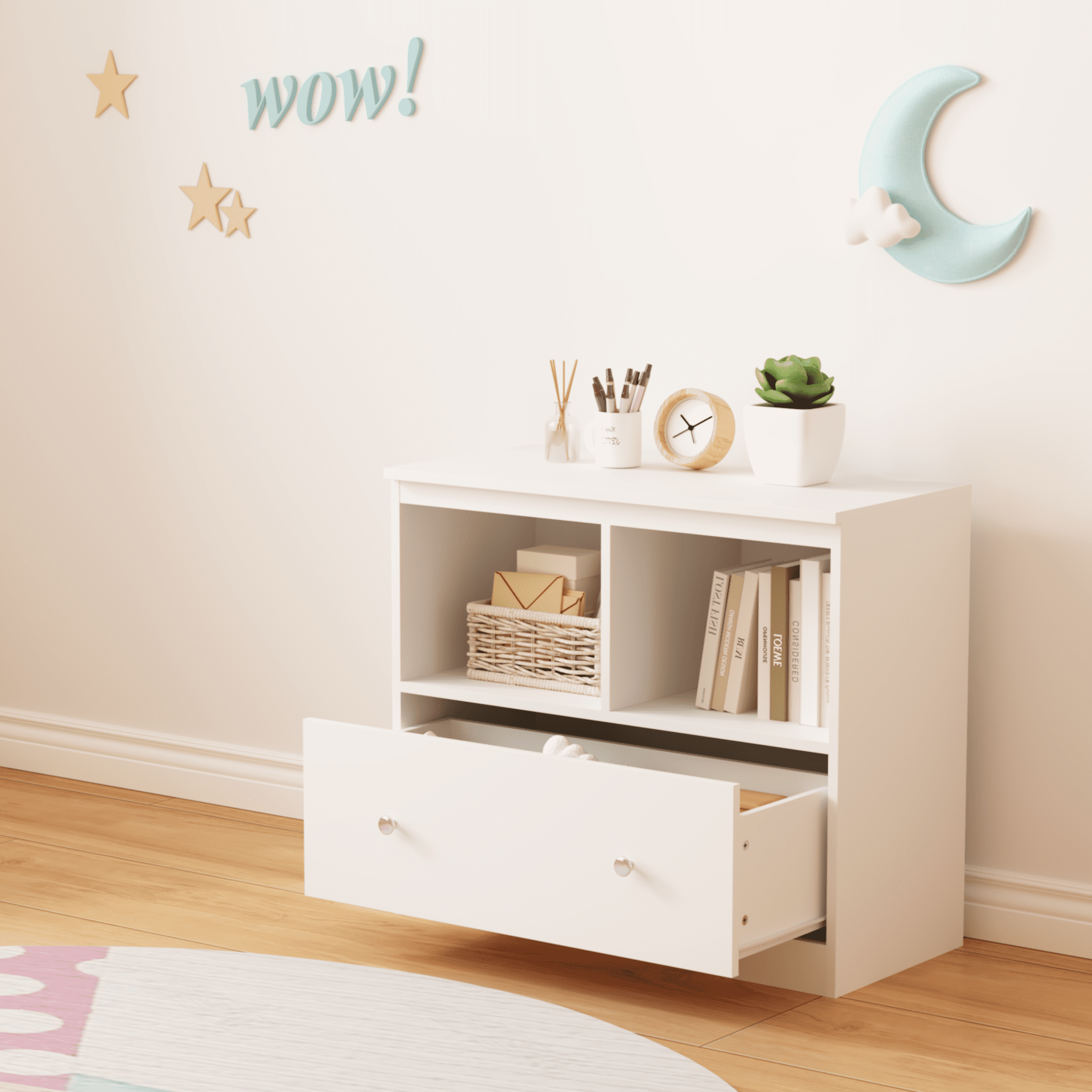 Kids Furniture Kids Toy Storage Organizer with Large Drawer, Low Bookshelf for Nursery & Playroom, Wooden Kids Cabinet for Books and Toys, White,Baby Furniture