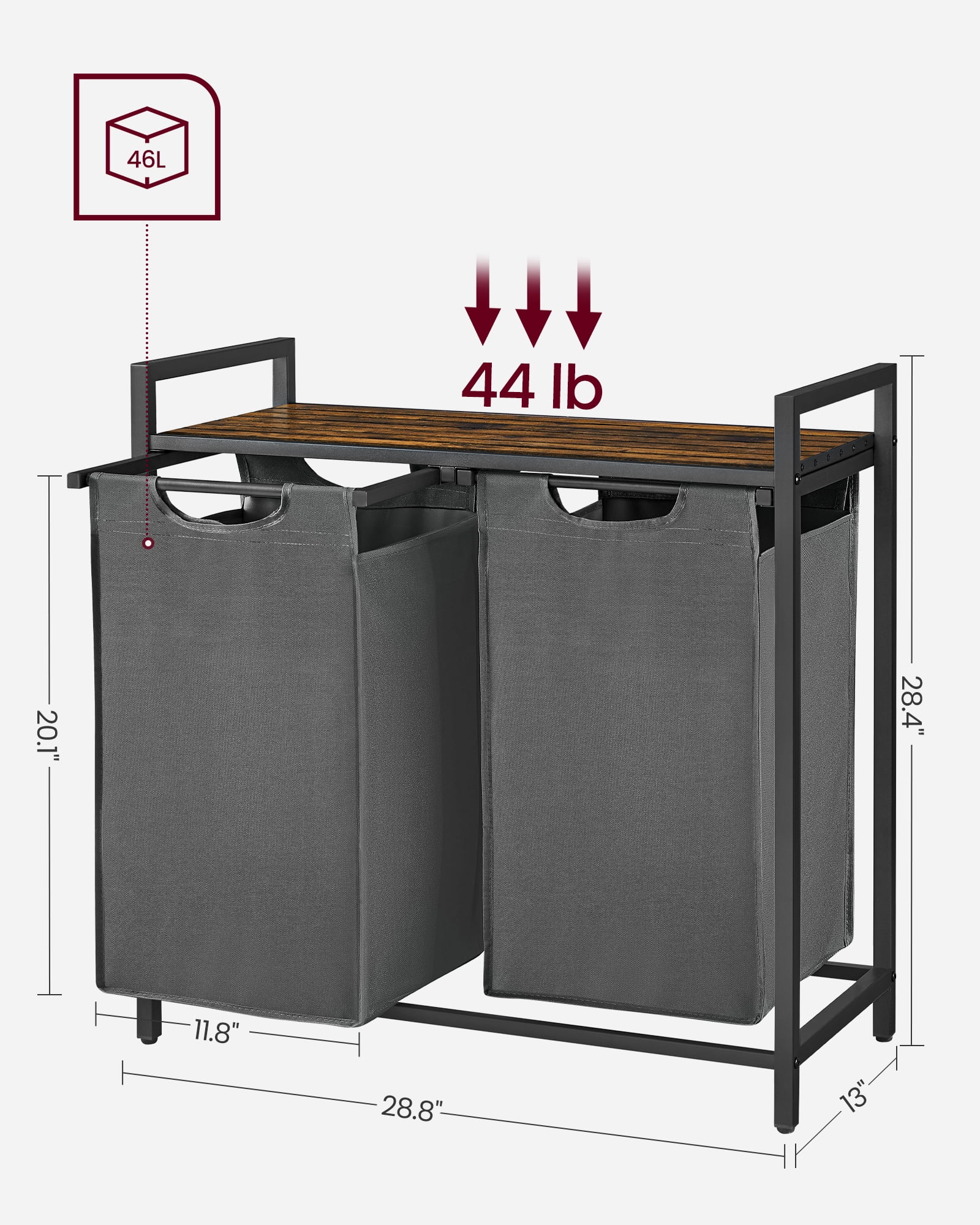 46L Laundry Hamper with Shelf Laundry Basket Laundry Sorter with 2 Pull-Out and Removable Bags Shelf Gray